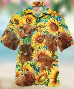 Highland Cattle Lovers Sunflower Watercolor Hawaiian Shirt