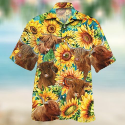 Highland Cattle Lovers Sunflower Watercolor Hawaiian Shirt