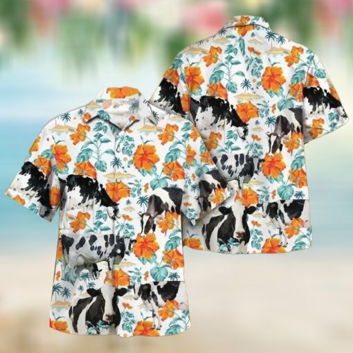 Holstein Bright Hibiscus Flowers Hawaiian Shirt, Animal Lovers Aloha Shirt