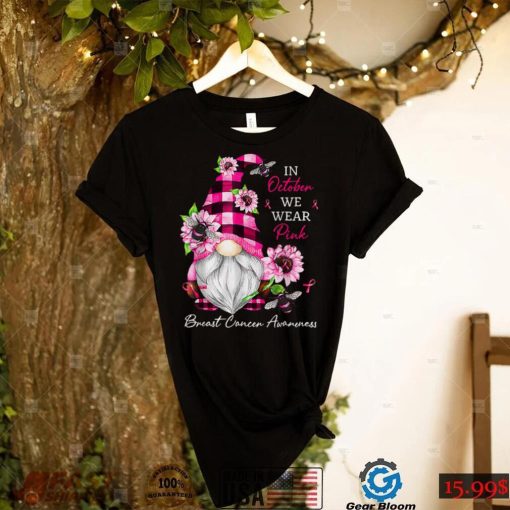 In October We Wear Pink Gnome Breast Cancer Awareness Groovy T Shirt