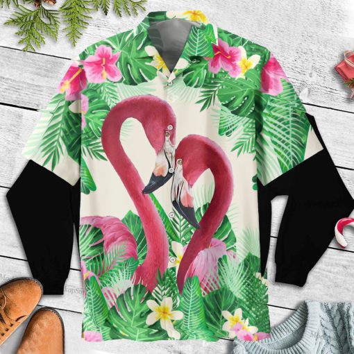 Loving Flamingo Couple Tropical Hibiscus Leaf For Aloha Hawaii Shirt