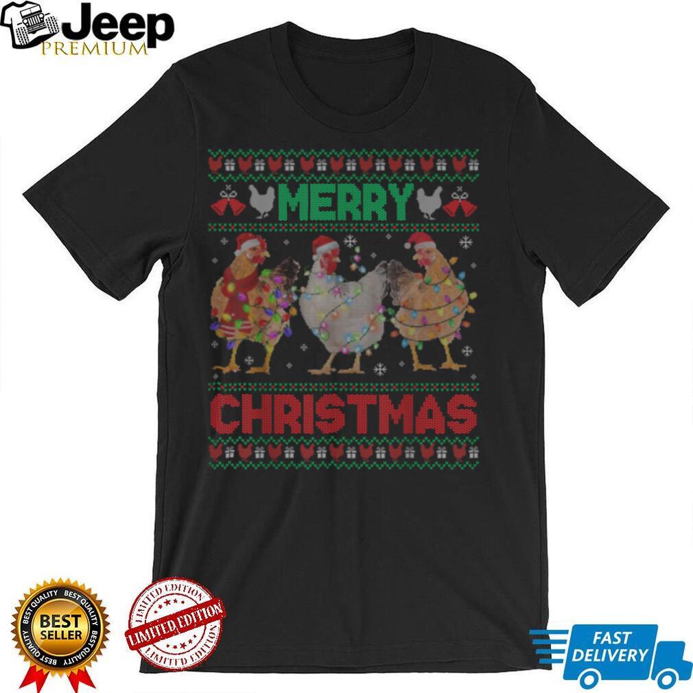 Merry Christmas Chicken Shirt Santa Hat Lights Xmas Sweater T Shirt