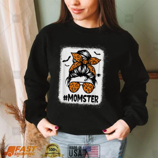 Momster Shirt For Women Halloween Mom Messy Bun Leopard T Shirt