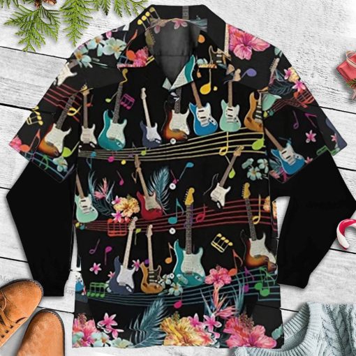 Music Melody For Guitar Button Down Aloha Summer Hawaii Shirt