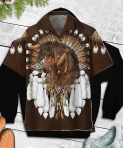 Native Horse White Feathers Brown Printed For Horse Design Aloha Hawaii Shirt