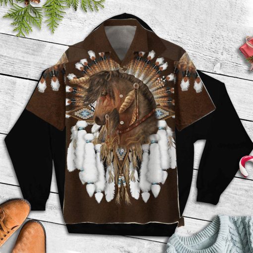 Native Horse White Feathers Brown Printed For Horse Design Aloha Hawaii Shirt