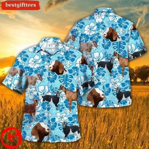 Nubian Goat Blue Floral Hawaiian Shirt, Animal Lovers Aloha Shirt