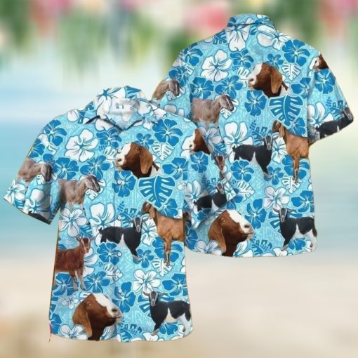 Nubian Goat Blue Floral Hawaiian Shirt, Animal Lovers Aloha Shirt