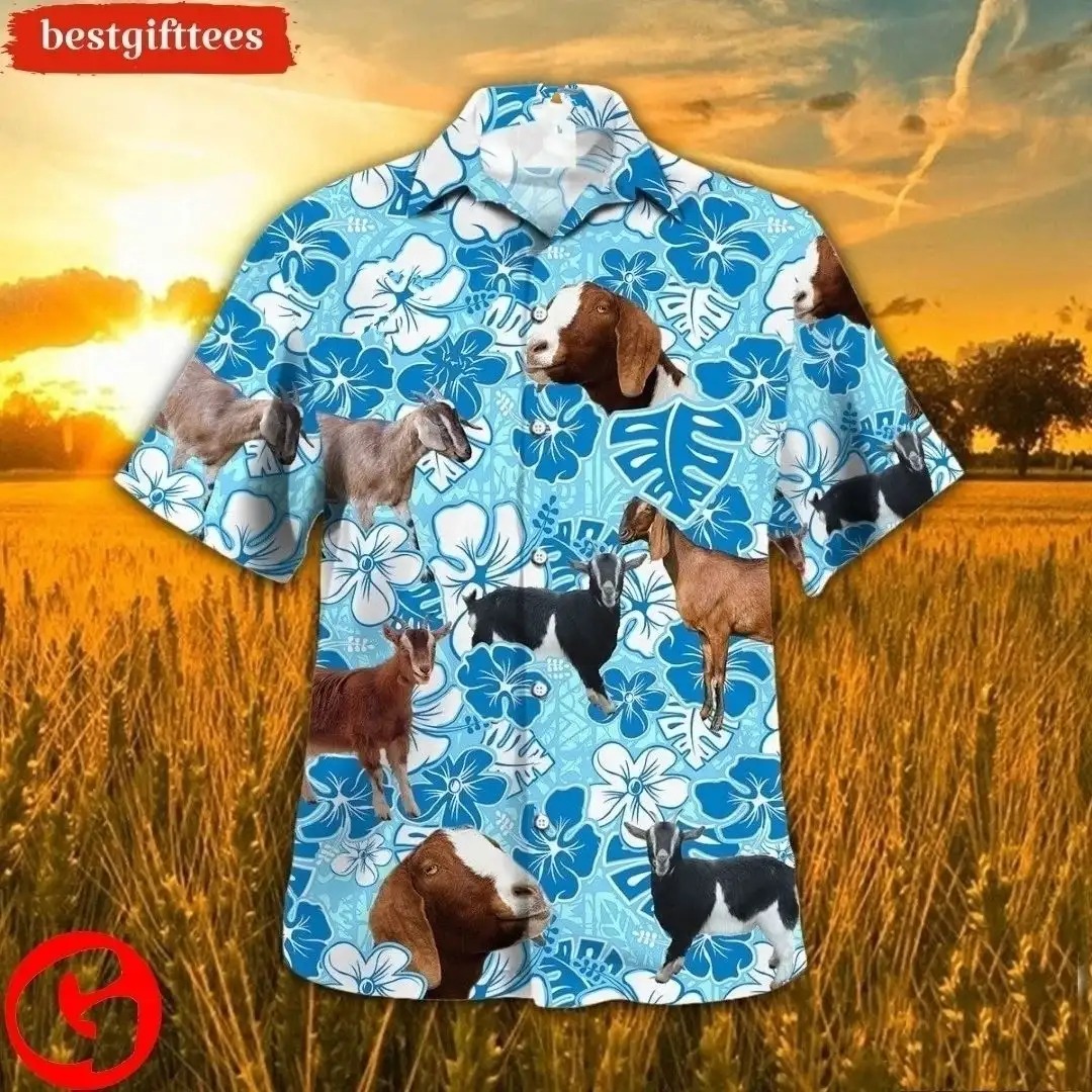 Nubian Goat Blue Floral Hawaiian Shirt, Animal Lovers Aloha Shirt1