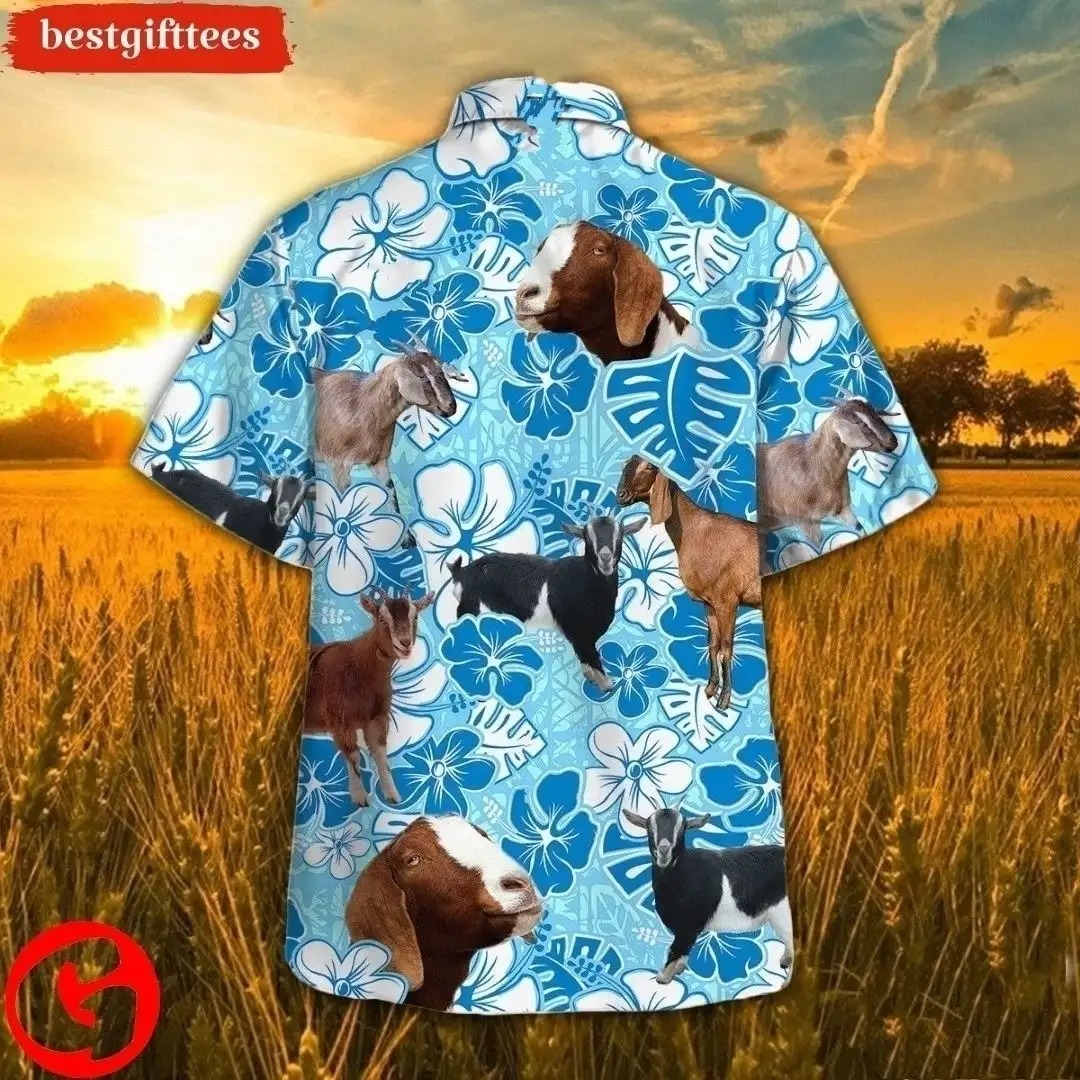 Nubian Goat Blue Floral Hawaiian Shirt, Animal Lovers Aloha Shirt
