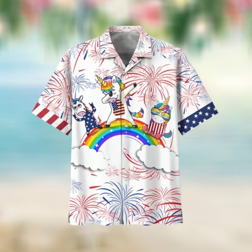 Rainbow And Unicorn Cheering Firework For Independence Day 4th Of July Aloha American Hawaii Shirt