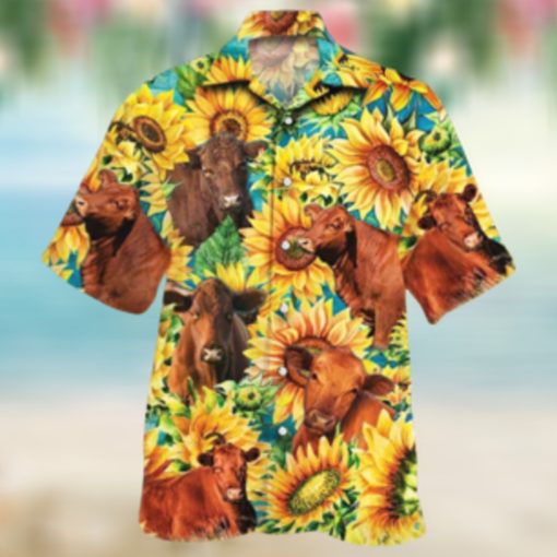 Red Angus Cattle Lovers Sunflower Watercolor Hawaiian Shirt