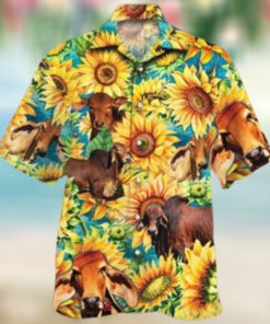 Red Brahman Cattle Lovers Sunflower Watercolor Hawaiian Shirt removebg preview