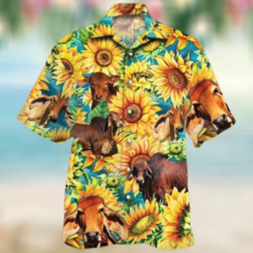 Red Brahman Cattle Lovers Sunflower Watercolor Hawaiian Shirt removebg preview