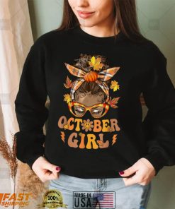 Retro Groovy October Girl Messy Bun Halloween Thanksgiving T Shirt