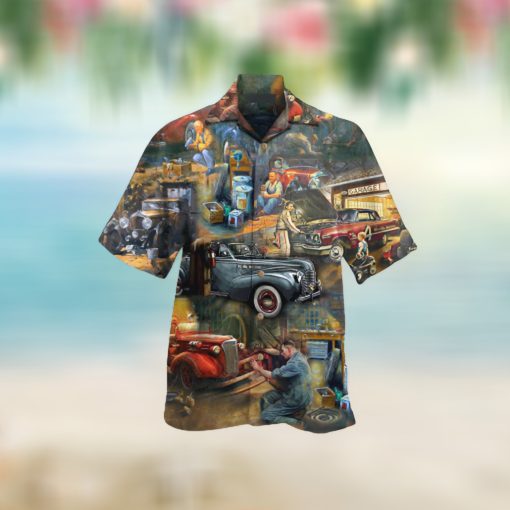 Retro Mechanic Man And Car For Button Down Aloha Hawaii Shirt