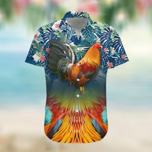 Rooster Tropical Leaves Chicken Button Down Aloha Hawaii Shirt