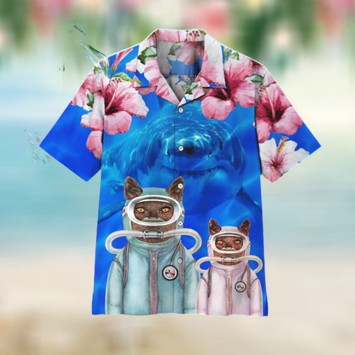 Shark With Cat Diver Hibiscus Blue Aloha Hawaii Shirt