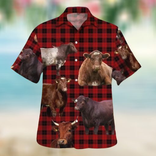 Shorthorn Cattle Red Tartan Pattern Hawaiian Shirt  Best Animal Lovers Hawaiian Shirt