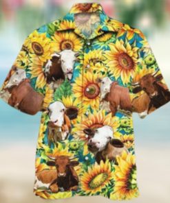 Simmental Cattle Lovers Sunflower Watercolor Hawaiian Shirt