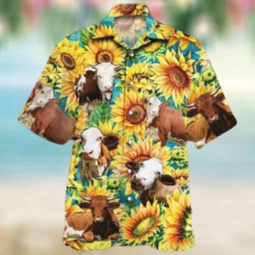 Simmental Cattle Lovers Sunflower Watercolor Hawaiian Shirt