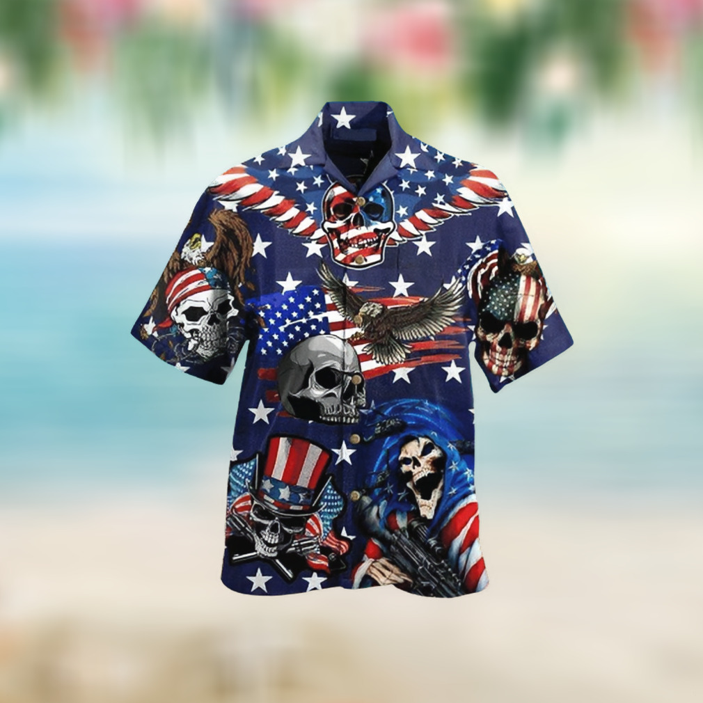 Skull American Flag And Eagle For Button Down Aloha Hawaii Shirt