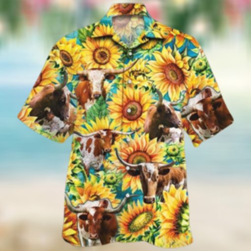 TX Longhorn Cattle Lovers Sunflower Watercolor Hawaiian Shirt