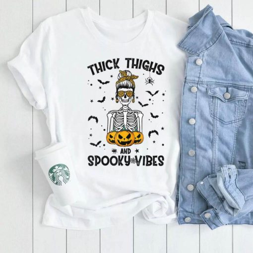 Thick Thighs And Spooky Vibes Messy Bun Skull Funny T Shirt