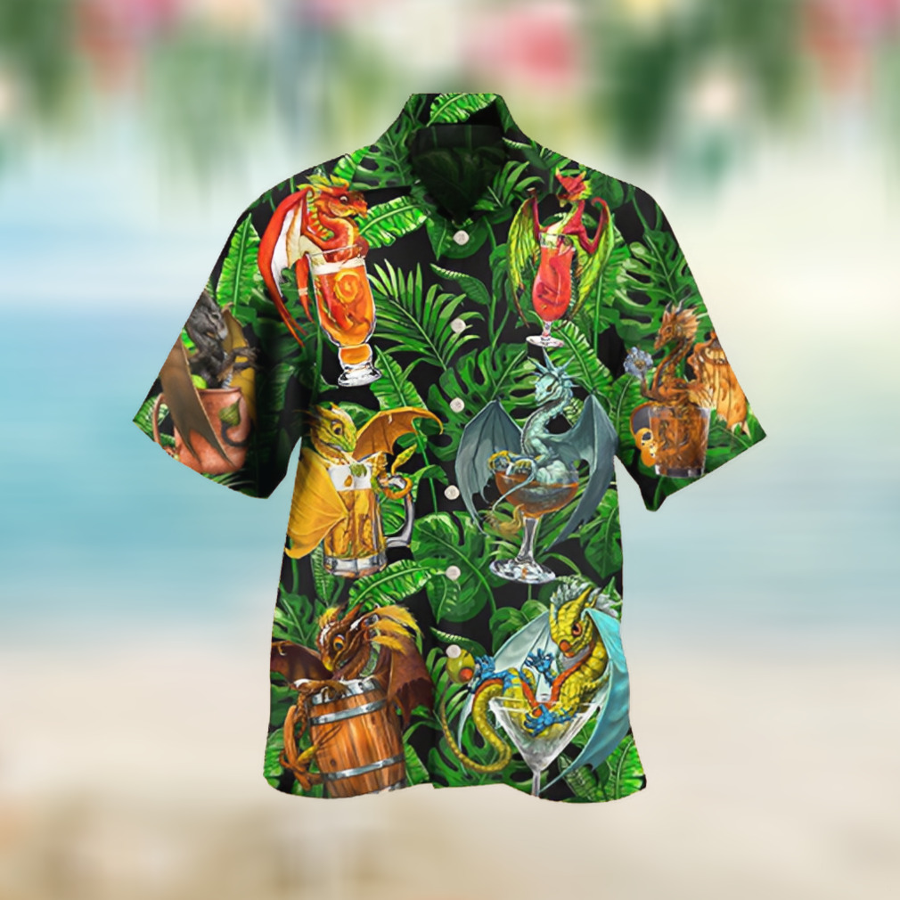 Tropical Dragon Drinking Beer And Wine Aloha Dragon Mythical Creatures Hawaii Shirt