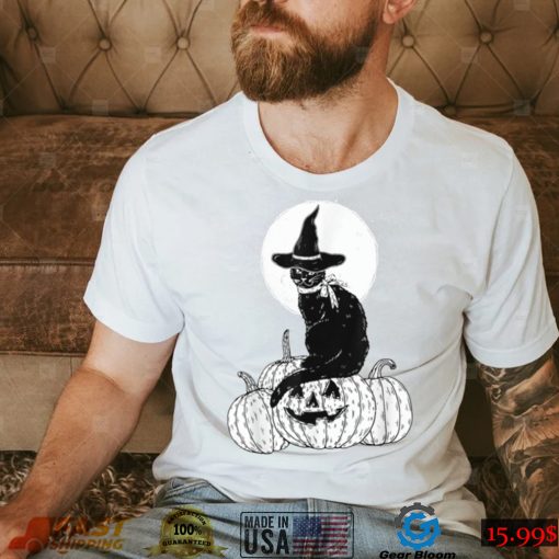 Vintage Scary Halloween Black Cat Costume Witch Hat Moon T Shirt