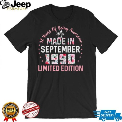 Womens 32 Years Old 32nd Birthday Made In September 1990 Floral T Shirt