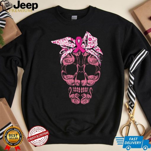 Pink Flamingo Skull Breast Cancer Awareness Halloween Women T Shirt