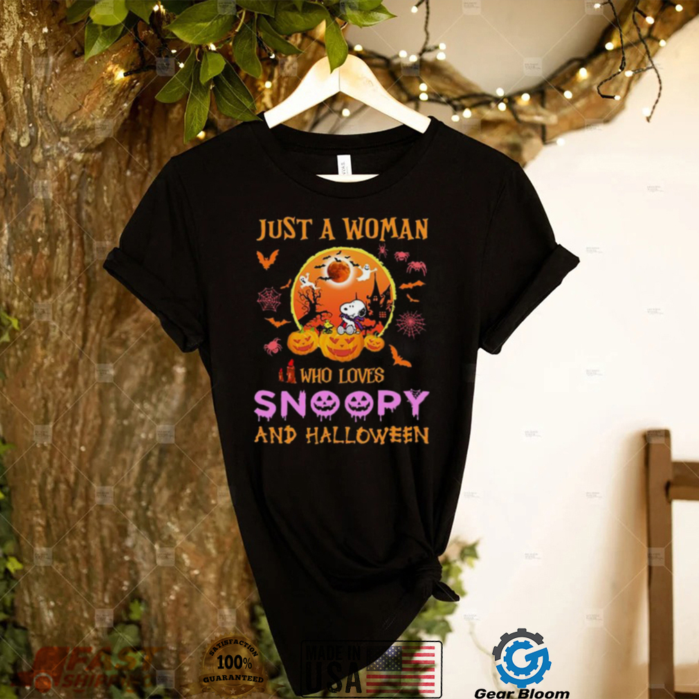 Just A Woman Who Loves Snoopy And Charlie Halloween Shirt Just A Woman Who Loves Snoopy And Charlie Halloween Shirt