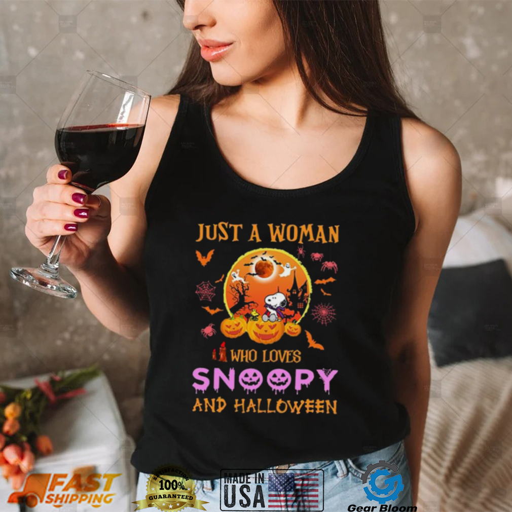 Just A Woman Who Loves Snoopy And Charlie Halloween Shirt Just A Woman Who Loves Snoopy And Charlie Halloween Shirt