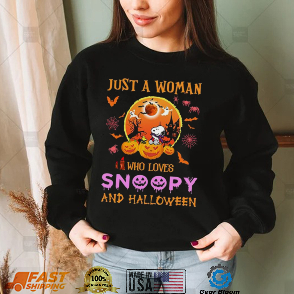 Just A Woman Who Loves Snoopy And Charlie Halloween Shirt Just A Woman Who Loves Snoopy And Charlie Halloween Shirt