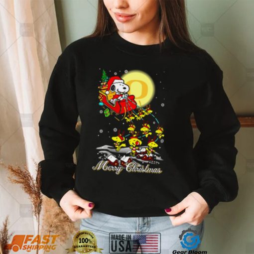 Oregon Ducks Ugly Christmas Sweaters Santa Claus With Sleigh And Snoopy Oregon Ducks T Shirt