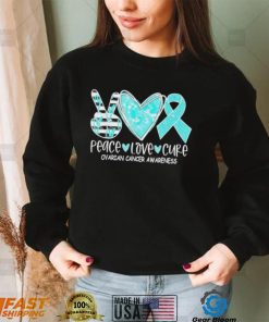 Ovarian Cancer Awareness Teal Ribbon Heart Peace Love Cure Shirt