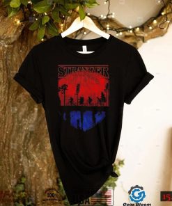 Stranger Things Lucas Mike Eleven Dustin and Will riding their bicycles above the Upside Down shirt