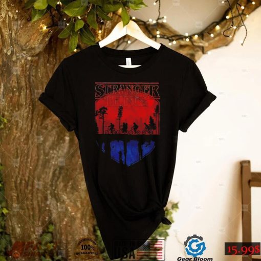 Stranger Things Lucas Mike Eleven Dustin and Will riding their bicycles above the Upside Down shirt