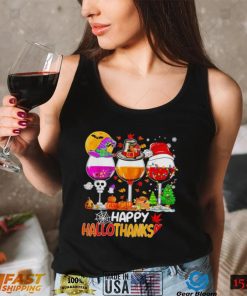 Happy Hallothanksmas wine Halloween Christmas Thanksgiving 2022 shirt