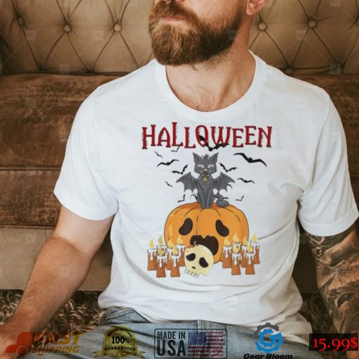 Scary pumpkin and vampire bat cat halloween trick or treat shirt