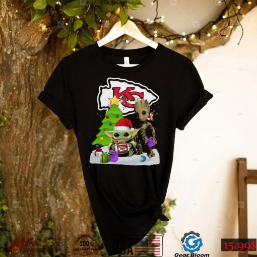 Santa Groot and Baby Yoda Hug Kansas City Chiefs Snow Christmas Tree T Shirt