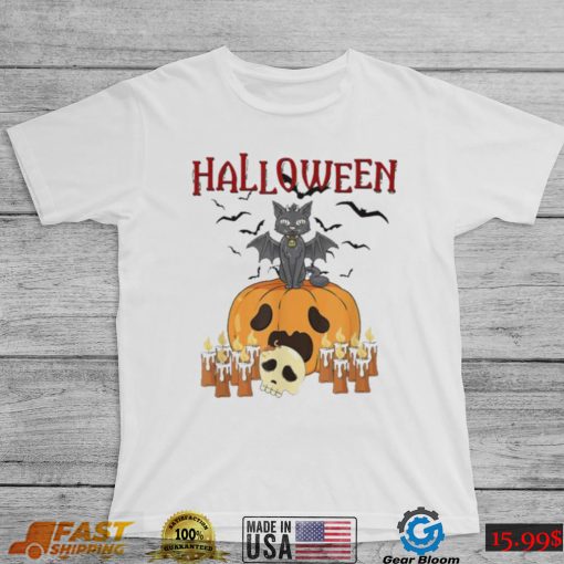 Scary pumpkin and vampire bat cat halloween trick or treat shirt