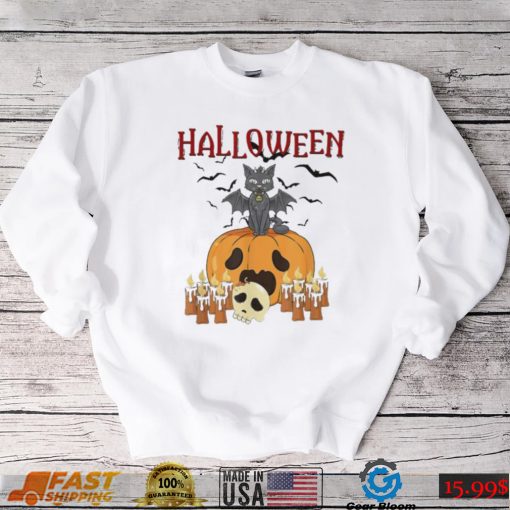 Scary pumpkin and vampire bat cat halloween trick or treat shirt