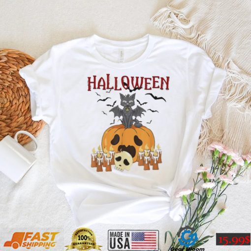 Scary pumpkin and vampire bat cat halloween trick or treat shirt