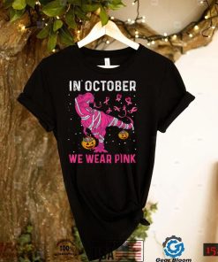 In October We Wear Pink Breast Cancer Dino Pumpkin Halloween T Shirt