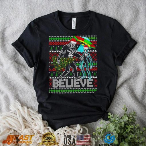 Bigfoot UFO Alien Believe Christmas ugly shirt