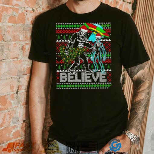 Bigfoot UFO Alien Believe Christmas ugly shirt