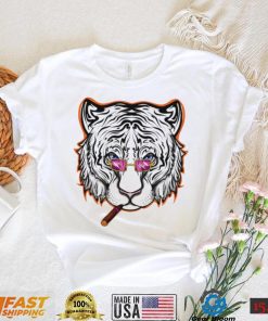 Cincy smoking White Tiger with Sunglasses logo shirt