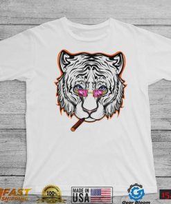 Cincy smoking White Tiger with Sunglasses logo shirt